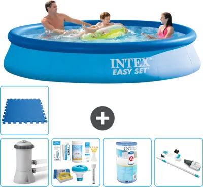 Produktbild von Intex runder aufblasbarer Easy Set-Schwimmpool – 366 x 76 cm – Blau – inklusive Pumpe Wartungspaket - Filter - Staubsauger - Bodenfliesen