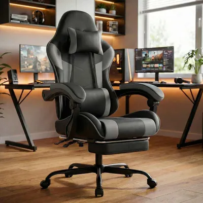 Produktbild von Gaming Stuhl Ergonomisch Verstellbar Kunstleder Bürostuhl Lendenstütze 200KG Schwarzgrau