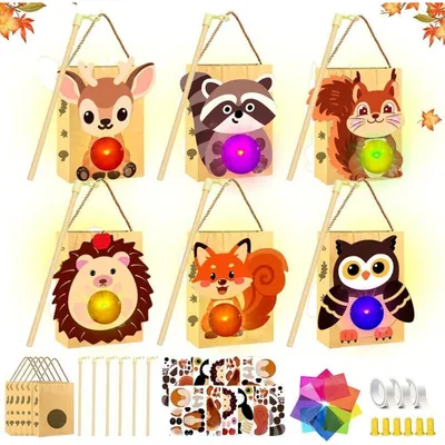 Produktbild von Laternen Bastelset für Kinder, 6er Set mit LED und Buntglas Effekt, Tiere, Gelb