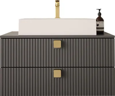 Produktbild von MIRJAN24 Waschbeckenschrank Gariano 01 mit Siphon, Keramik Waschbecken, Griffe aus Metall in der Farbe Gold (Farbe: Grau)