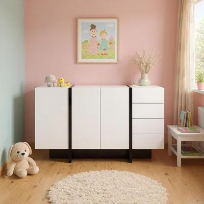 Produktbild von Kinderkleiderschrank mit Schubladen und verstellbaren Einlegeböden, kinderfreundliche Aufbewahrungseinheit, Weiß