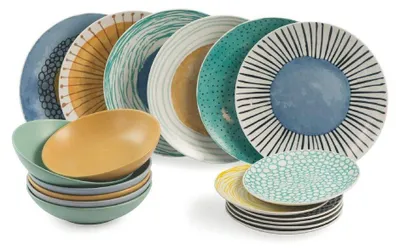 18-teiliges Tafelservies aus Porzellan und Steingut, bunt