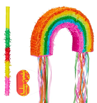 Produktbild von 3 tlg. Pinata Set Regenbogen, Pinatastab mit Augenmaske, für Kinder, Stock & Augenbinde, selbst befüllen, Piñata, bunt