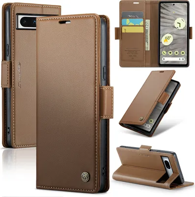 Multiple views of a brown leather wallet-style phone case for a Google Pixel 7A.