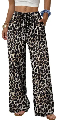 Produktbild von ASKSA Damen Sommerhose Weite Bein Hose Sommer Einfarbig Elegante Lose Leicht Freizeithose mit Taschen (Leopardenmuster,XL)