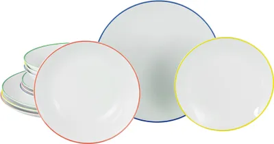 A collection of white plates with colored rims, arranged in a group.