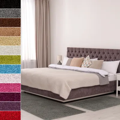 A bedroom scene with a bed and various color swatches of rugs.