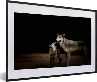 Produktbild von MuchoWow® Gerahmtes Poster Mutterwolf mit Welpe 60x40 cm - Poster mit Schwarzem Bilderrahmen Wandposter Rahmen Foto Bilder - Schlafzimmer - Plakat in Rahmen - Drucken
