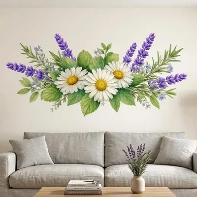 Gänseblümchen- und Lavendelstrauß in Aquarelloptik – Decords Wandtattoo, Produktansicht 1