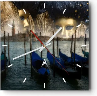 Produktbild von Wanduhr - Quadrat - Glasuhr - Gondel Wasser Kanal - 30x30cm - Schleichendes Uhrwerk - Lautlos - zum Aufhängen bereit - Dekoration Modern - Wanddekoration aus Glas - C3AC30x30-0250