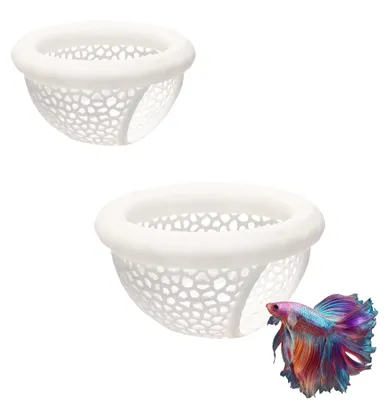 Schwimmende Betta-Höhle 2er-Set mit Futterring, 3D-Deko, Weiß