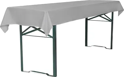 A rectangular table covered with a gray tablecloth, supported by green metal legs.