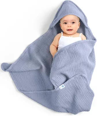 Produktbild von Babyhandtuch mit Kapuze, 100% Baumwolle Musselin, 75 x 76 cm, blau, für 0-18 Monate