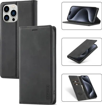 Image de Etui en cuir pour iPhone 15 Pro, avec fonction stand et porte-cartes, étui design portefeuille noir