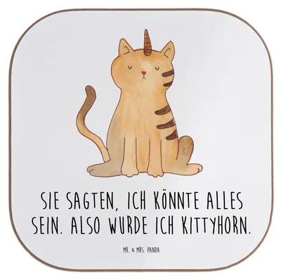 Produktbild von Mr. & Mrs. Panda Untersetzer für Gläser Einhorn Katze - Weiß - Geschenk, gläseruntersetzer, Unicorn, Erwachsenwerden, Getränkeuntersetzer, Coaster, Mieze, Tischschoner
