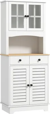 Image de Meuble de cuisine avec portes vitrées, 2 tiroirs, vitrine, meuble de salle à manger, bois, 68 x 39,5 x 170 cm, blanc