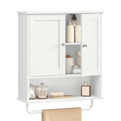 Produktbild von VASAGLE Wandschrank mit Türen, Handtuchhalter und offenem Fach, Hängeschrank für Bad, verstellbare Ablage, Landhausstil, weiß