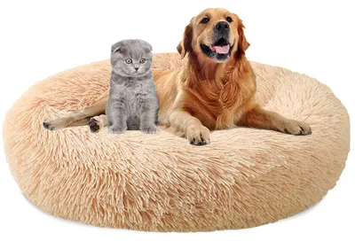 Image de Lit rond pour chien, moelleux, en peluche, lavable, antidérapant, pour animaux de compagnie, chat ou chien, couleur abricot, diamètre 80 cm