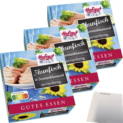 Produktbild von Hofgut Thunfisch in Sonnenblumenöl 3er Pack (3x80g Dose) + usy Block