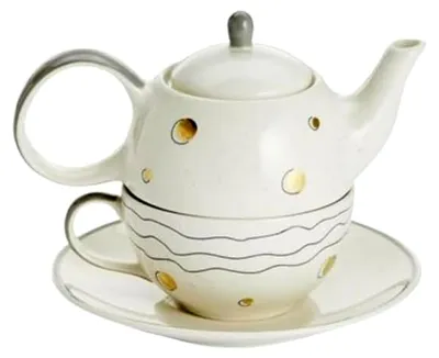 Produktbild von teemando® Tea-for-one Set Sinje Keramik mit Goldauflage, 4-teilig Kanne: 0,4 l, Tasse: 0,2 l Kanne: H 12 cm, Ø 5,5 cm Tasse: H 6 cm, Ø 10 cm
