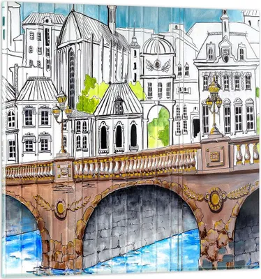 Produktbild von Bilder auf glas - Frankreich brücke zeichnung - 30x30cm - Glasbilder - Wandbilder - Kunstdruck - zum Aufhängen bereit - Wanddekoration aus Glas - Glas Bilder - Wandbild auf Glas - GAC30x30-2826