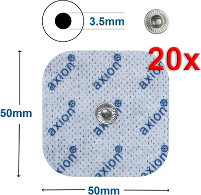 Produktbild von axion® Elektrodenpads passend zu Sanitas, Beurer - 5x5cm, 3.5mm Druckknopfanschluss, 20 St.,selbstklebende TENS EMS Elektroden für TENS EMS Geräte