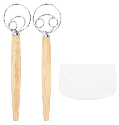 Produktbild von Dänischer Teigbesen, Edelstahl, Holzgriff, stabil, rostfrei, Brot im holländischen Stil, mit Schaber für die Küche, 1 Auge und 2 Augen Schneebesen A
