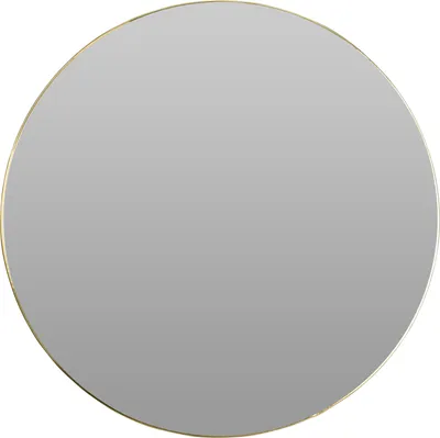 A round mirror with a gold frame against a white background.