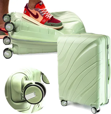 A collage of images showing a light green suitcase from different angles, including a close-up of its wheels and a shoe placed on top of it.