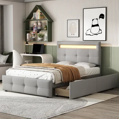 Imagen del producto de Cama individual tapizada Zerbaco de 90x200 cm con iluminación LED, 2 cajones, color gris, con somier