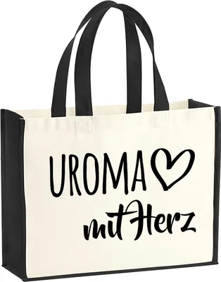 Produktbild von Huuraa Jutetasche Uroma mit Herz 21 Liter Black Jute und Baumwolle Einkaufstasche Geschenkidee