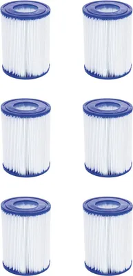 Six identical pool filter cartridges are arranged in two columns of three on a white background.