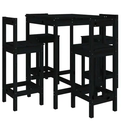 A black wooden bar table and four stools set against a white background.