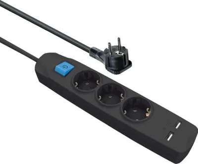 Image de Multiprise triple, 2x USB 2,1 A, interrupteur, plate, 5 m, noire