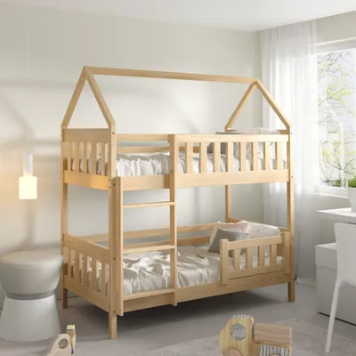 A wooden bunk bed with a house-shaped frame is set up in a child's bedroom.