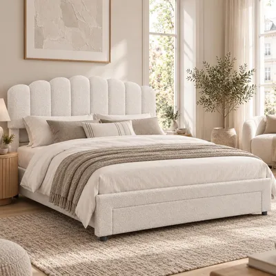 Imagen del producto de INONEFT, cama doble de 160x200 cm, estructura de cama tapizada con 1 cajón, cabecero ajustable con puerto USB, cama juvenil, estructura de cama tapizada con somier