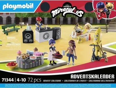 A Playmobil Miraculous Advent Calendar set displayed on a colorful background, showing various figures and accessories.