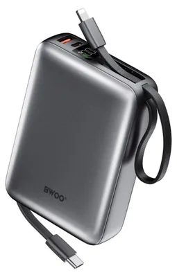 Immagine prodotto di Bwoo Power Bank P73 22,5 W 20000 mAh con 2 cavi integrati: 1 USB-C e 1 Lightning, colore argento
