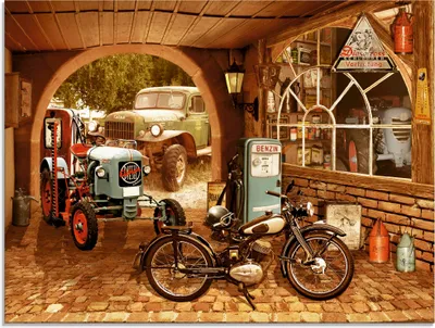Produktbild von ARTland Glasbild Werkstatt mit Traktor und Motorrad Größe: 60x45 cm