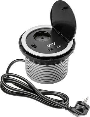 Produktbild von Tischsteckdose Unterbausteckdose Ecksteckdose Einbausteckdose Küche Bad 1-Fach + 2 USB Rund
