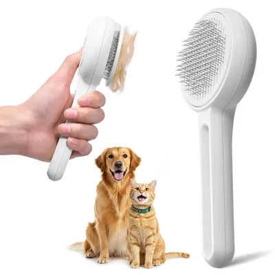 Image de Brosse pour chiens, brosse pour chats, autonettoyante, avec une fonction à un bouton, manche ergonomique, en acier inoxydable