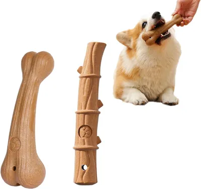 Produktbild von Welpen Kauspielzeug 2 Stück, Knochen und Bambus Form, braun, für Zähne
