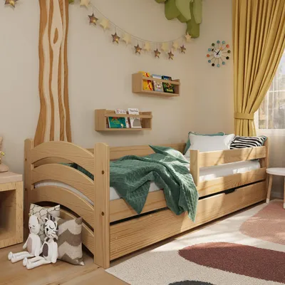 Produktbild von Kinderbett Nora mit Rausfallschutz, Schublade und Lattenrost | 160x80 cm | Kiefer, 100% Massivholz, natürliche Maserung | universell, stabil, bequem