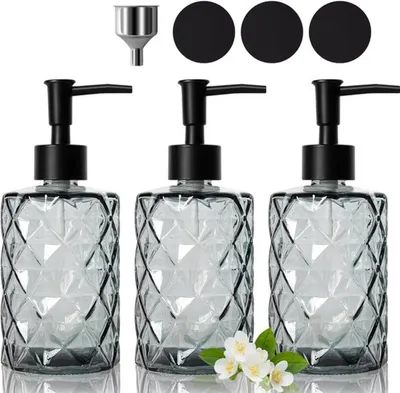 Produktbild von Azomor® Set von drei nachfüllbaren Glas-Seifenspendern mit Edelstahltrichter