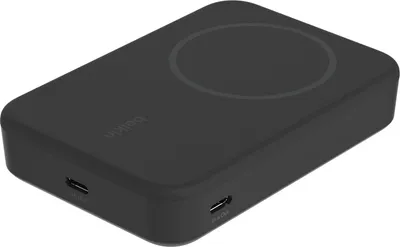 A black Belkin BoostCharge Pro power bank is shown from a diagonal angle on a white background.