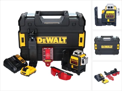 A collage of images showing a DeWalt laser level kit, including the case, laser unit, accessories, and close-ups of the components.