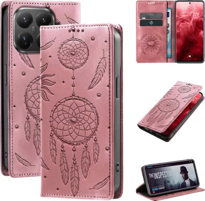 Produktbild von Handyhülle für Xiaomi 15T Pro RFID Schutz Klapphülle Case Cover Blumen Design Traumfänger Schutzhülle Farbe: Rosa