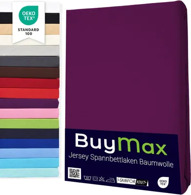 Produktbild von Buymax Topper Spannbettlaken Jersey Spannbetttuch 100% Baumwolle Bettlaken bis 12 cm Matratzenhöhe, 200x200 cm, Aubergine