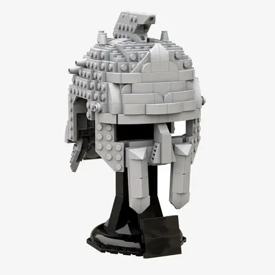 A 3D model of a gladiator helmet made of Lego-like bricks, displayed on a black stand against a white background.