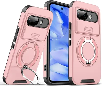 Image de Etui double couche pour Goolge Pixel 9A, avec couvercle coulissant pour l'appareil photo et support magnétique en forme d'anneau Rose